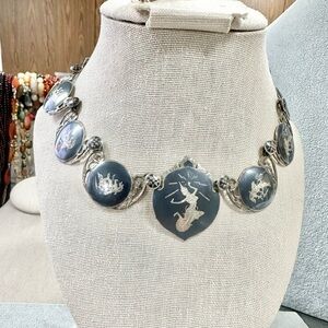 Vintage Siam Sterling Silver Niello Goddess Seven Panel Bib Necklace